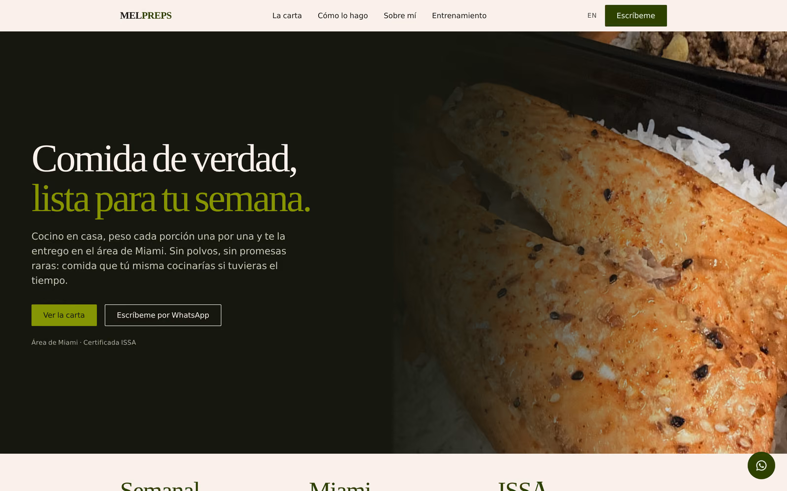 Above-the-fold hero of the live MelPreps meal-prep delivery site: nav, the headline 'Comida de verdad, lista para tu semana,' Miami-area delivery copy, and a photo of a packed weekly meal container.